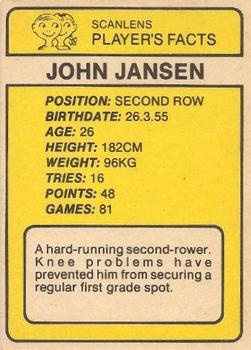 1981 Scanlens #109 John Jansen Back